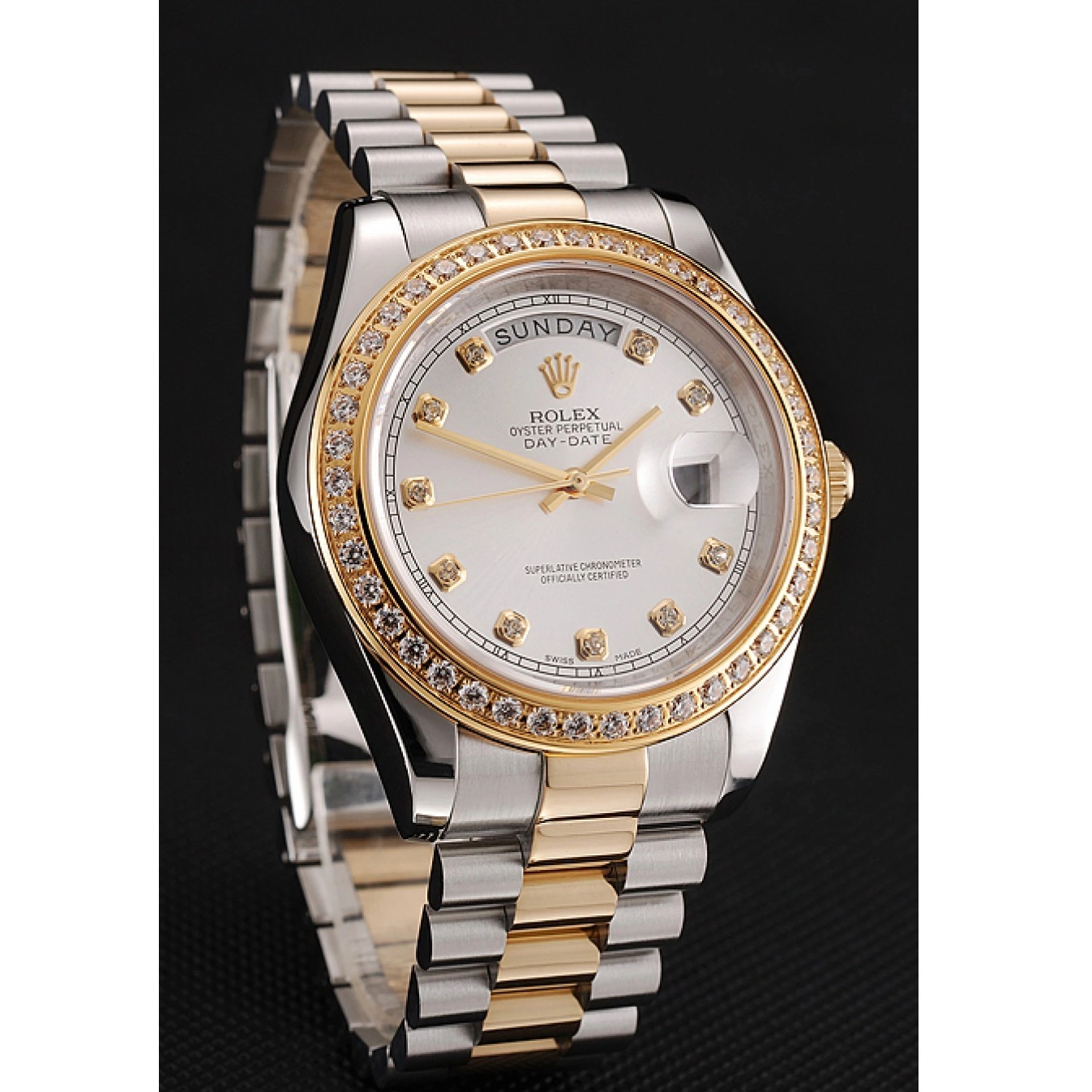 Aaa replica watch Dial Stainless Bracelet Diamond Steel Swiss Case Tone Two Day-Date Rolex White 1453971 Gold 0731